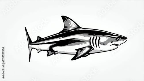 Isolated illustration of a shark swimming, marine predator, dangerous ocean animal, predatory fish, detailed drawing, graphic element