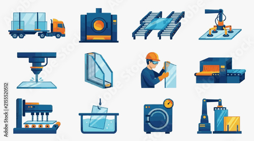 Clean Industrial Process Showing Manufacturing Stages with Bright Blue and Orange Machinery Trucks and Workers