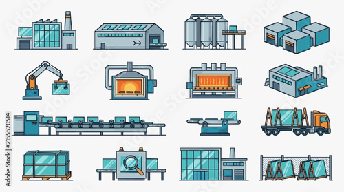 Modern Industrial Manufacturing Process and Facility Icons Collection in Blue and Orange Color Scheme