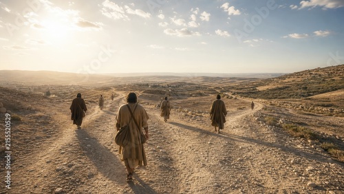 Jesus and his disciples walking along a rocky desert road at sunrise. Biblical journey through the ancient Judean landscape. Faith, teaching, and spiritual pilgrimage concept.