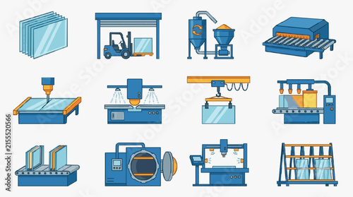 Industrial Manufacturing Process Illustrated with Blue and Orange Machinery and Equipment with high quality professional line art symbols for modern creative design and digital branding projects