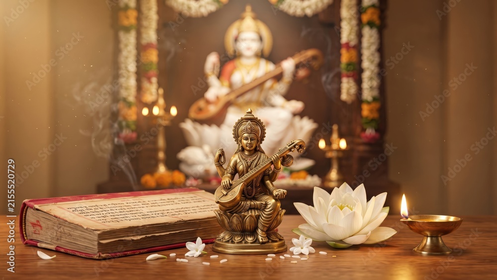 Obraz premium Goddess Saraswati with Veena – Sacred Hindu Wisdom and Vedic Tradition
