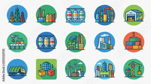 Clean Colorful Flat Icons Set Featuring Various Industrial Manufacturing and Logistics Equipment