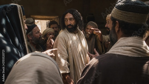 Jesus confronting Pharisees and religious leaders in an ancient room. Biblical debate about hypocrisy, inner purity, justice, and spiritual understanding from Luke 11.