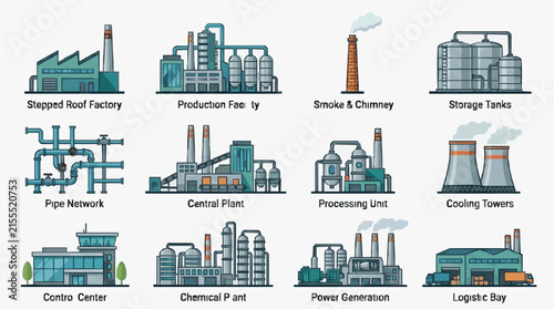 Dynamic Illustrated Guide to Industrial Facilities Colorful Icons of Factories Plants and Utility Structures
