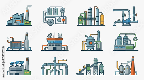 Dynamic Illustrated Collection of Industrial Factories and Processing Plants with Piping Systems and Equipment