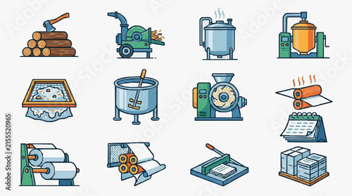 Creative Illustrated Process of Paper Production from Wood to Packaged Sheets in Vibrant Colors