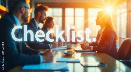 Business center department heads at a meeting with the director, a woman in a blurred background. Business word - Checklist in front of them.