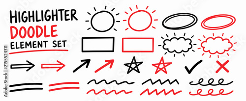 Highlighter doodle element set featuring hand-drawn arrows, stars, circles, and underlines in black and red marker style vector illustration