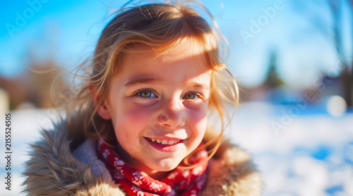 A happy girl in sunny winter weather. The girl has blond hair and wears a jacket with a wool hood.