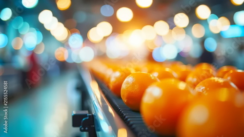 Ripe oranges on a conveyor belt at a food processing plant