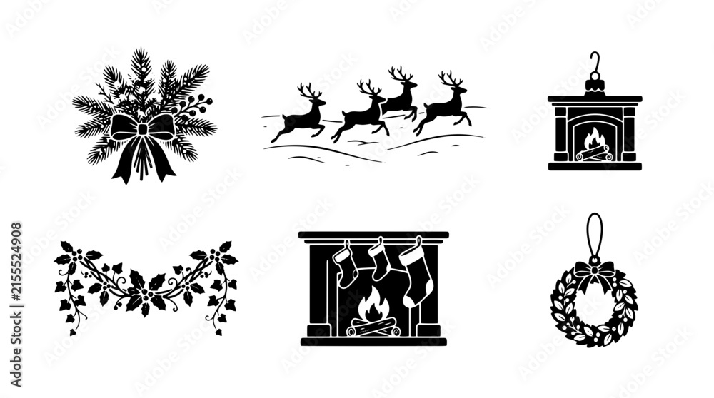 Fototapeta premium Set of black silhouette Christmas icons featuring reindeer, fireplace, festive wreath, pine branches and holiday garland for seasonal design projects and winter greeting cards isolated on transparent
