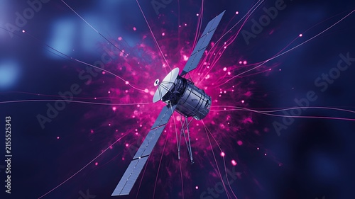 Satellite orbiting in space with colorful digital communication signals
