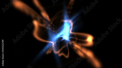 Abstract Glowing Blue Core with Orange Swirling Light Trails
A bright blue energy core emits swirling, curved orange light trails against a solid black background.