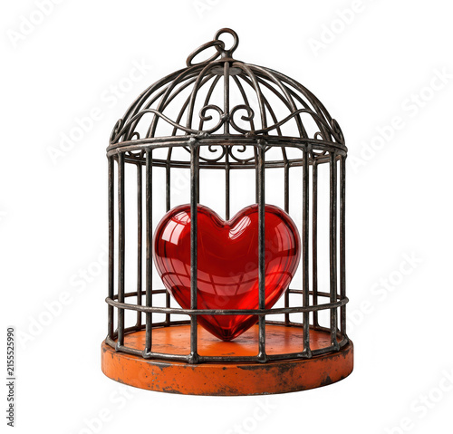 A red glass heart trapped inside a vintage metal birdcage isolated on transparent background