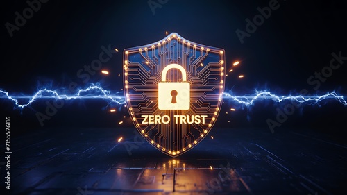 Zero trust cybersecurity concept with digital shield and padlock
