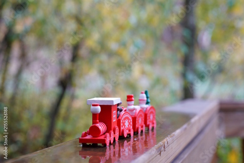 A small toy train in a city park. Christmas tree toys.