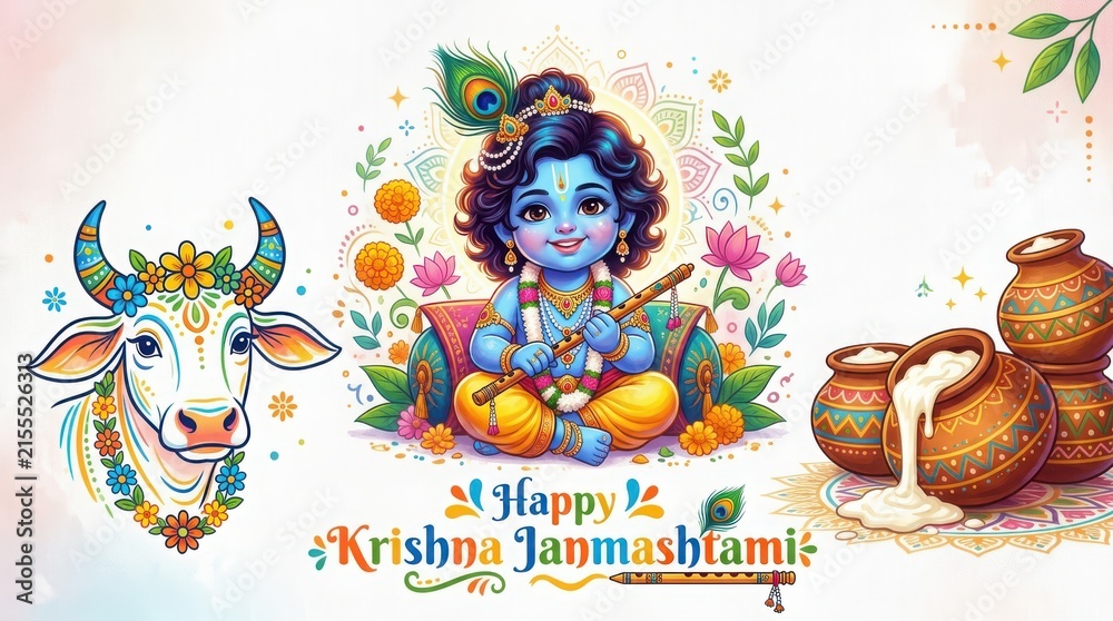 Obraz premium Cute baby Krishna holding butter pot with cow, pots, and floral decorations for happy Janmashtami Indian festival celebration.
