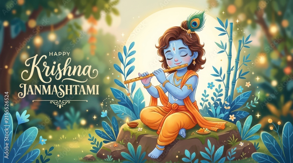 Naklejka premium Happy Krishna Janmashtami illustration of baby Krishna playing flute in lush green forest setting.