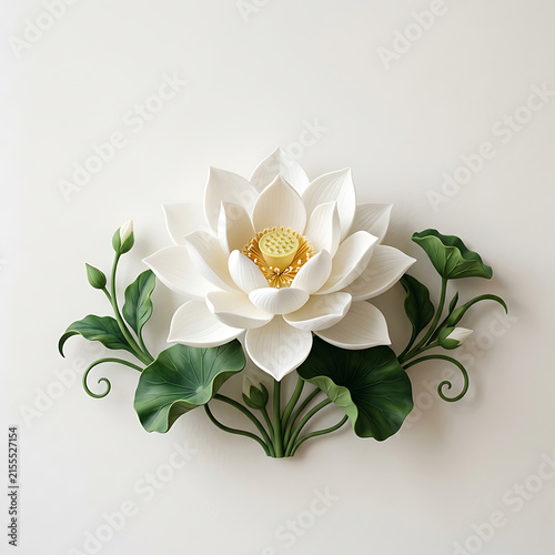 White lotus flower with green leaves is a detailed botanical, white background, decorative white lotus style flower with green leaf.