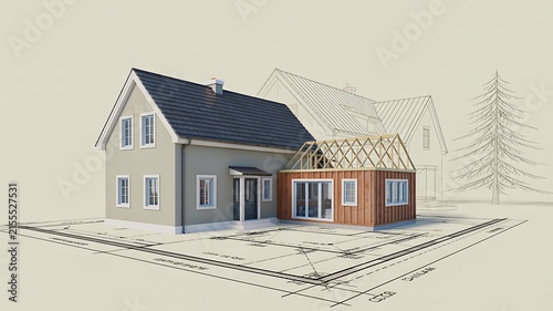 Architectural house design with detailed construction drawing and modern residential building concept