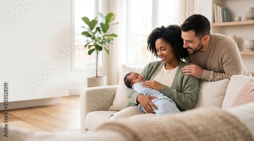 Smiling couple cuddling on sofa in bright living room, mother holding sleeping newborn in swaddle, father leaning close with hand on her shoulder, cozy family moment