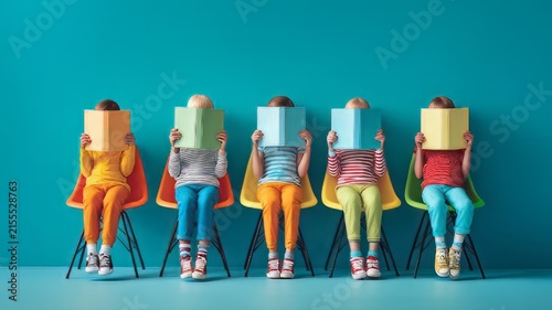 Diverse children reading books on colorful chairs. Group of students hiding behind open books. Elementary school education concept.