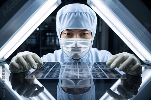 Technician with Silicon Wafer Inside Semiconductor Cleanroom