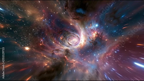 Bright clouds of gas and dust form a corridor in space that recedes as the camera moves through different angles and depths.