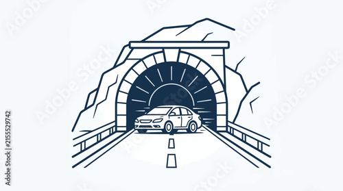 Car driving into illuminated tunnel entrance on mountain road, vector illustration