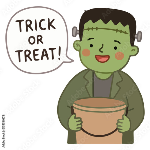 Kid In Frankenstein Costume Saying Trick Or Treat