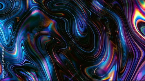 Colorful swirls of oil create an iridescent effect on a surface in the city. Light reflects off this slick, creating vibrant colors and patterns.