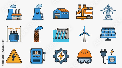 Dynamic Colorful Icons Set Featuring Energy Generation Transmission Renewable Sources and Electrical Safety Gear