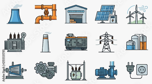 Professional Set of Energy and Power Generation Equipment with Colorful Icons with high quality professional line art symbols for modern creative design and digital branding projects