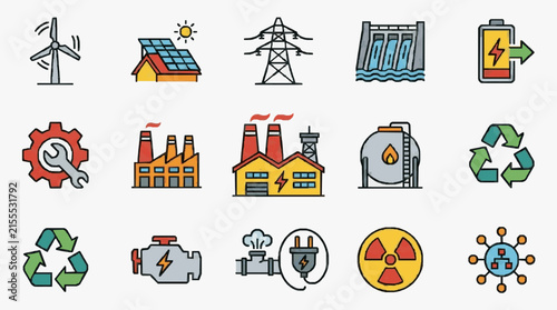 Dynamic Illustrated Icons Set Featuring Renewable Energy Industrial Recycling and Nuclear Symbols in Colorful Style