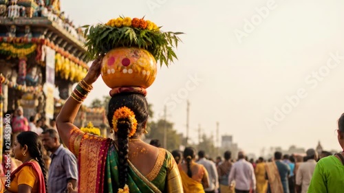 Traditional Indian woman carrying a decorated pot on her head during a festive religious procession amidst a crowd, showcasing vibrant cultural heritage, faith, and devotion in a vibrant street celebr