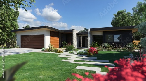 Contemporary beach house a light front elevation detailed CAD map and a vibrant lawn with a relaxed entrance and garage