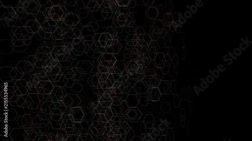 Orange And Teal Wireframe Hexagons Fading Into Dark Black Space
A network of outlined, overlapping orange and teal hexagons forms a digital grid that fades away into solid black on the right side