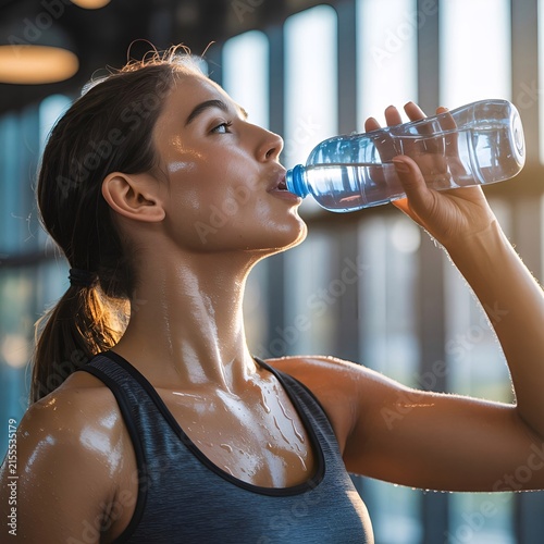 Athletic Woman Drinking Bottled Water for Hydration in Gym