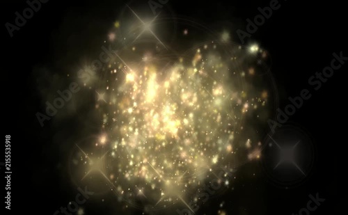 Golden Glowing Starburst Explosion With Dust And Light Rings
A central explosion of bright golden light with glowing stars, circular flares, and dust particles against a dark black background.