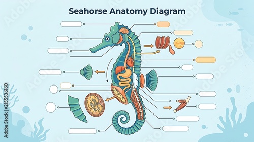 Anatomical diagram of a seahorse with internal organs and labels