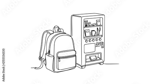 Backpack and Vending Machine Line Art Isolated Transparent Background