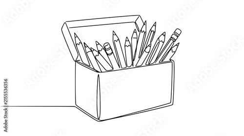 Single Line Drawing Of Open Pencil Box Filled With Sharpened Pencils