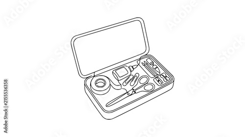 Crafting Supplies Kit Open Box with Scissors, Tape, Glue, Isolated