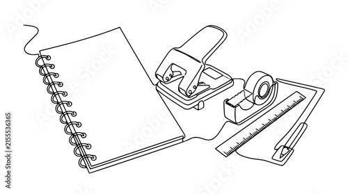 Office Supplies Flat Lay: Notebook, Hole Punch, Tape Dispenser, Ruler, Pen - Isolated