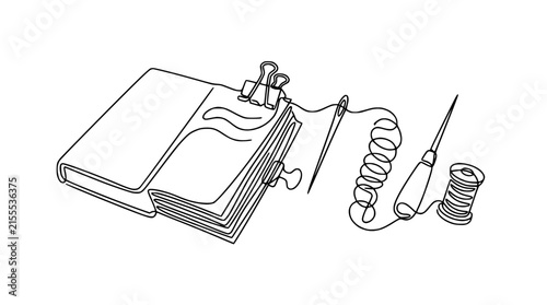 Continuous line drawing of a book with needle, thread, and spool