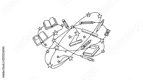 Doodle Art of School Supplies and Stars Connected by Lines on Transparent Background