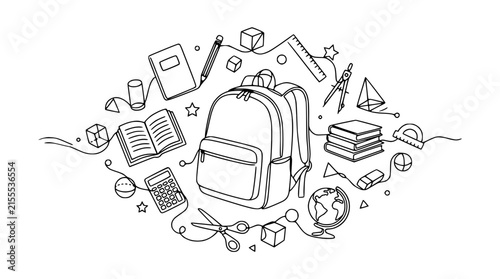 School Backpack Surrounded By Stationery And Learning Objects, Isolated