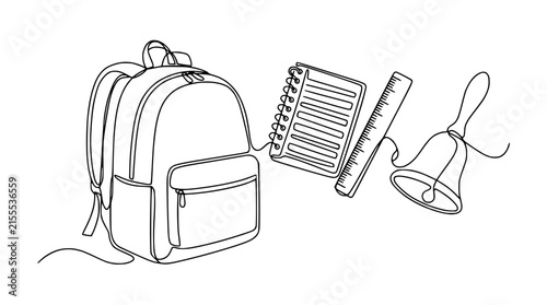 Back to School Supplies: Backpack, Notebook, Ruler, and Bell - Continuous Line Art