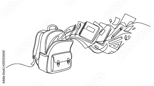 Backpack with flowing school supplies, books, stationery, and papers, line art illustration